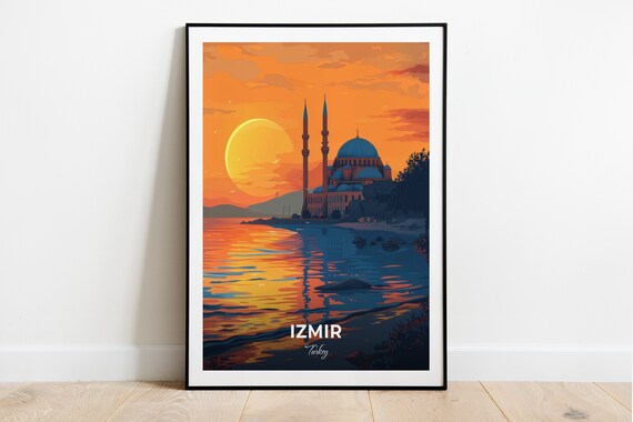 Izmir Sunset Mosque Silhouette Over The Water Turkey Travel Poster