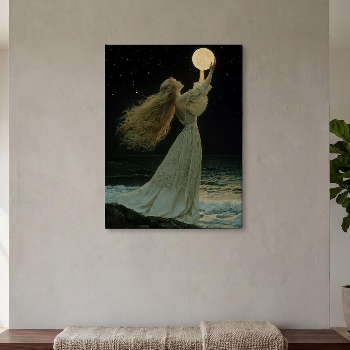 Moon Goddess Vintage Seashore Landscape Art Print