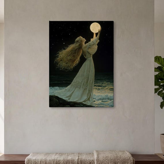 Moon Goddess Vintage Seashore Landscape Art Print