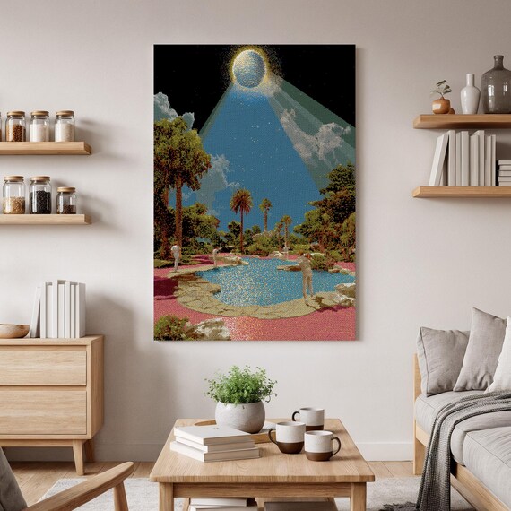 Glowing Moon Portal Night Pool Palm Trees Surreal Dream Art Poster