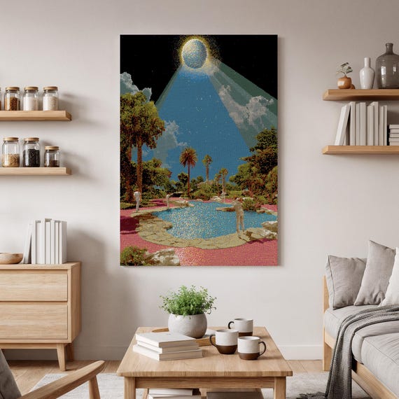 Surreal Pool Canvas Art Tropical Fantasy Landscape Print Cosmic Light Wall Decor Dreamlike Nature Artwork Unique Gift For Home
