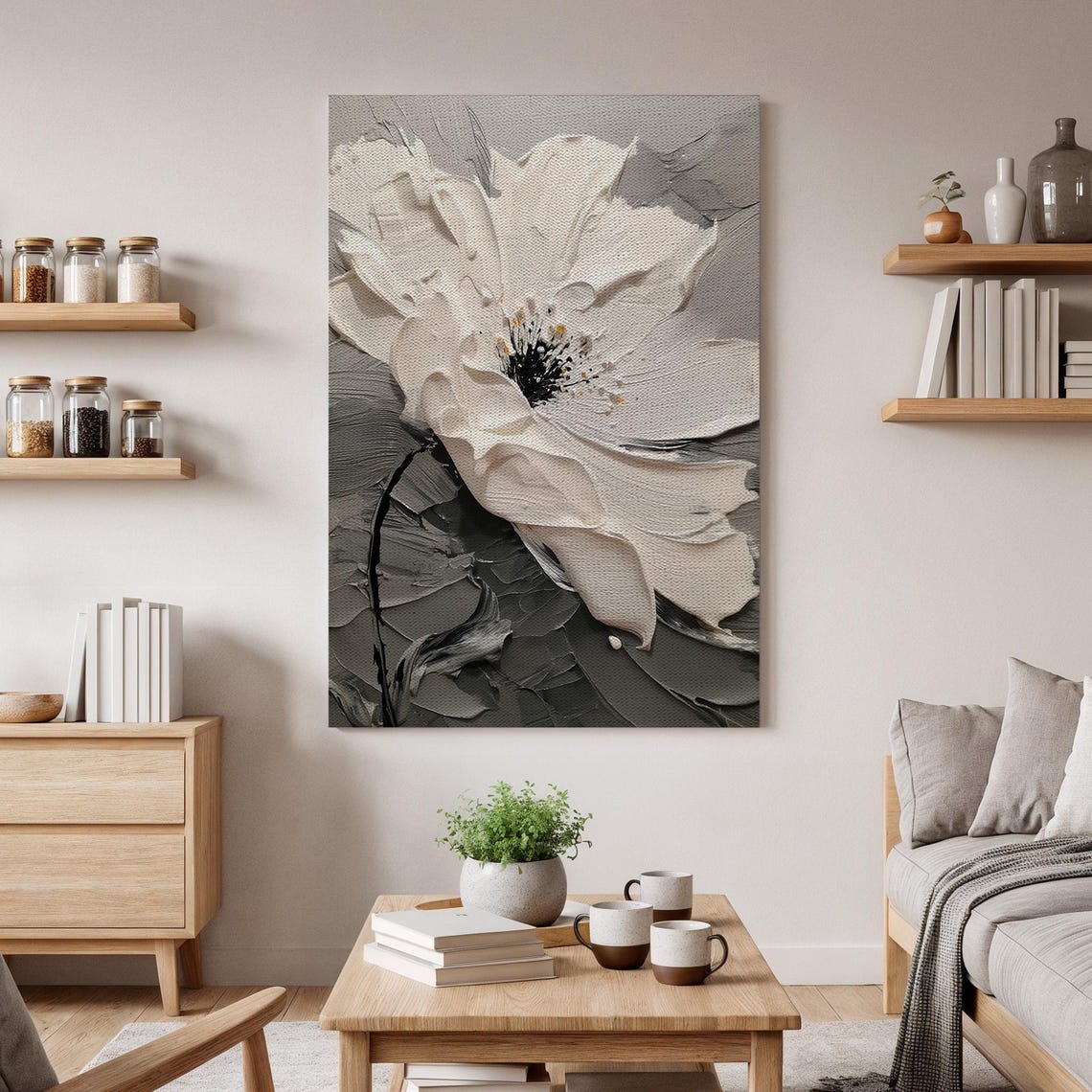 White Flower Impasto Painting Grey Textured Floral Elegant Modern Art Poster