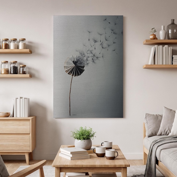 Minimalist Dandelion Seeds Blowing Grey Botanical Modern Nature Art Poster