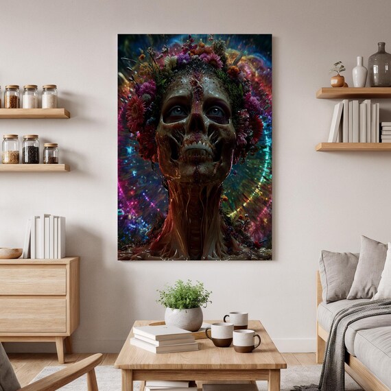 Cosmic Floral Crown Skull Dark Surreal Galaxy Fantasy Art Poster