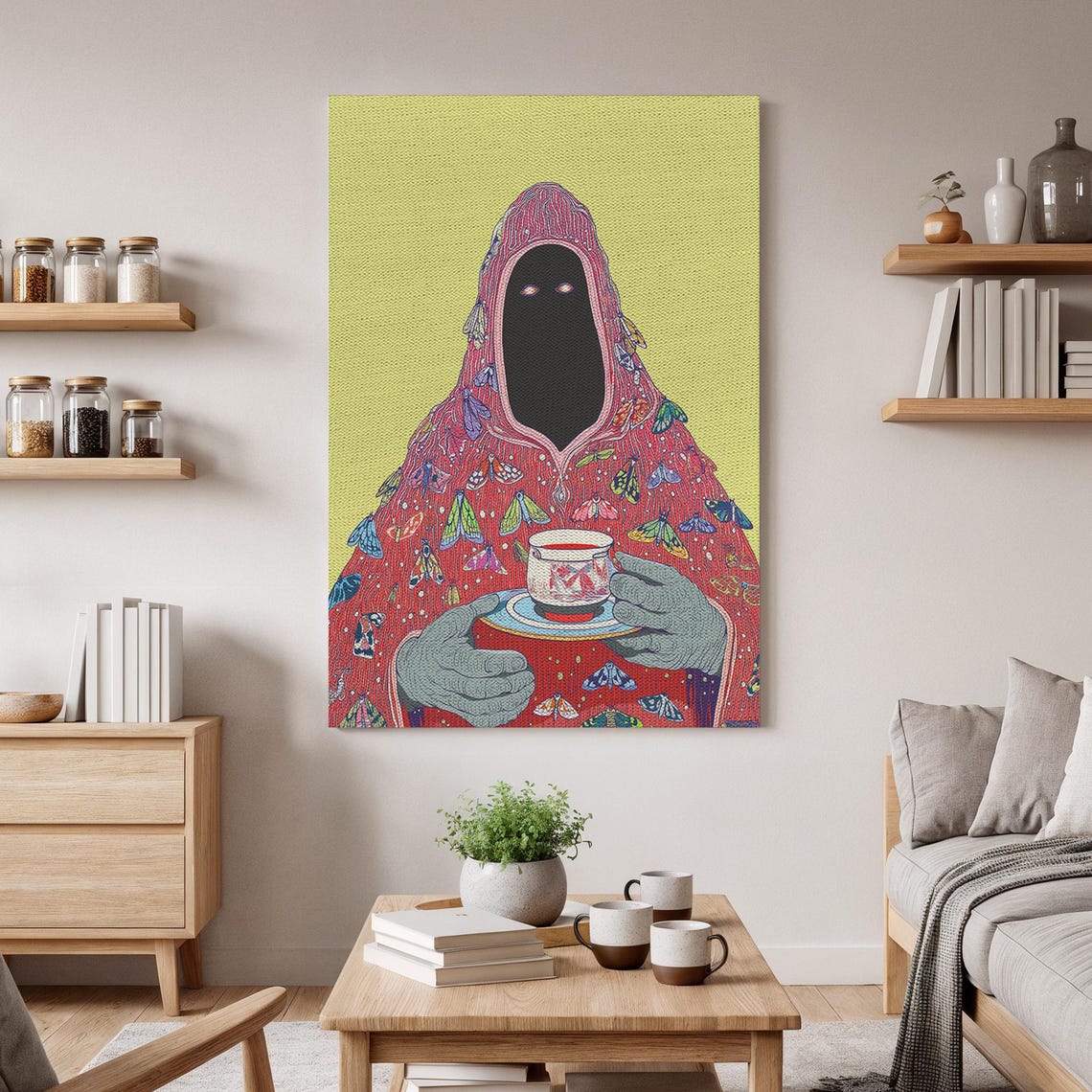 Surreal Hooded Figure Canvas Art Moth And Tea Artwork Colorful Fantasy Wall Print Abstract Dreamy Room Decor Gift Lovers