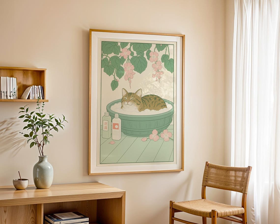 Tabby Cat Bubble Bath Japanese Illustration Bathroom Art Poster - Image 4