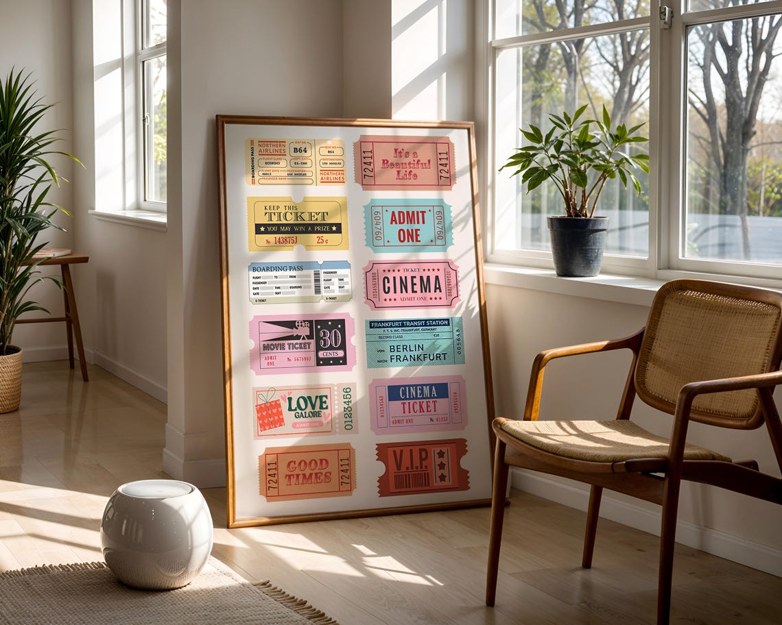 Vintage Ticket Stub Collage Cinema Boarding Pass Retro Art Poster - Image 5