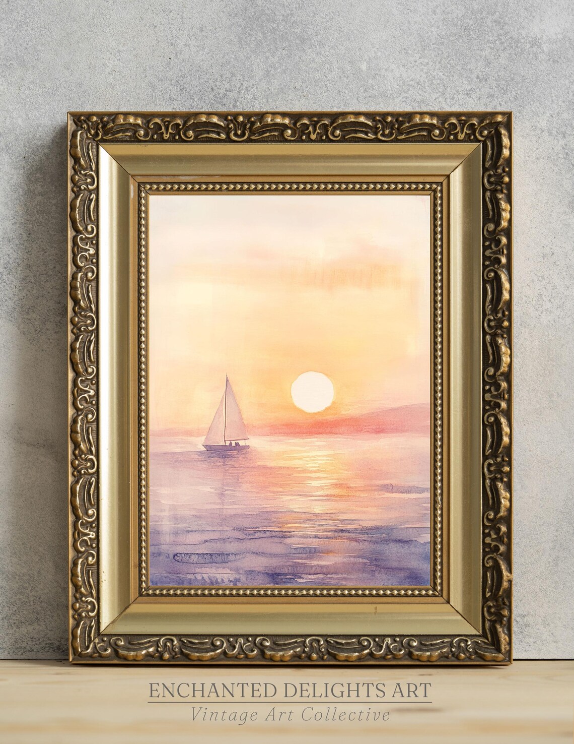 Sailboat Sunset Calm Sea Watercolor Golden Ocean Painting Poster