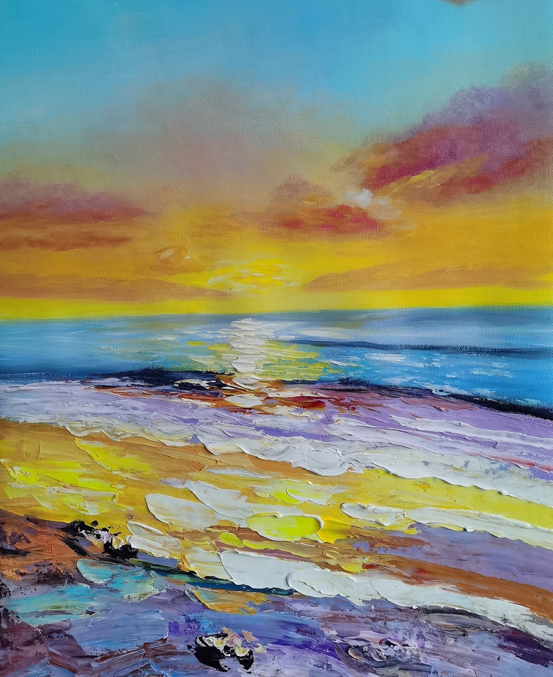 Colorful Beach Sunset Waves Impasto Ocean Landscape Art Poster - Image 2