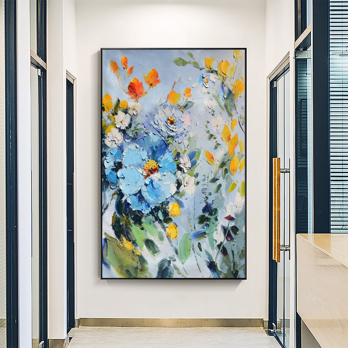Large Abstract Blue Rose Flower Oil Painting On Art Colorful Flower Painting Art Palette Knife Art Living Room Bedroom Decor Wall Art - Image 2