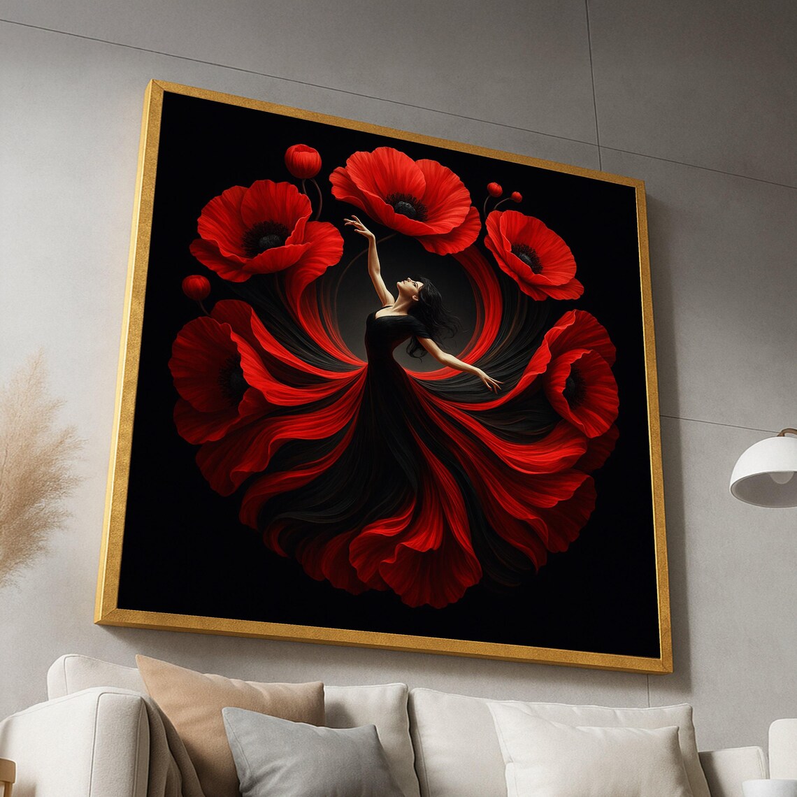 Red Poppy Dancer Elegant Woman Black Dress Floral Art Poster