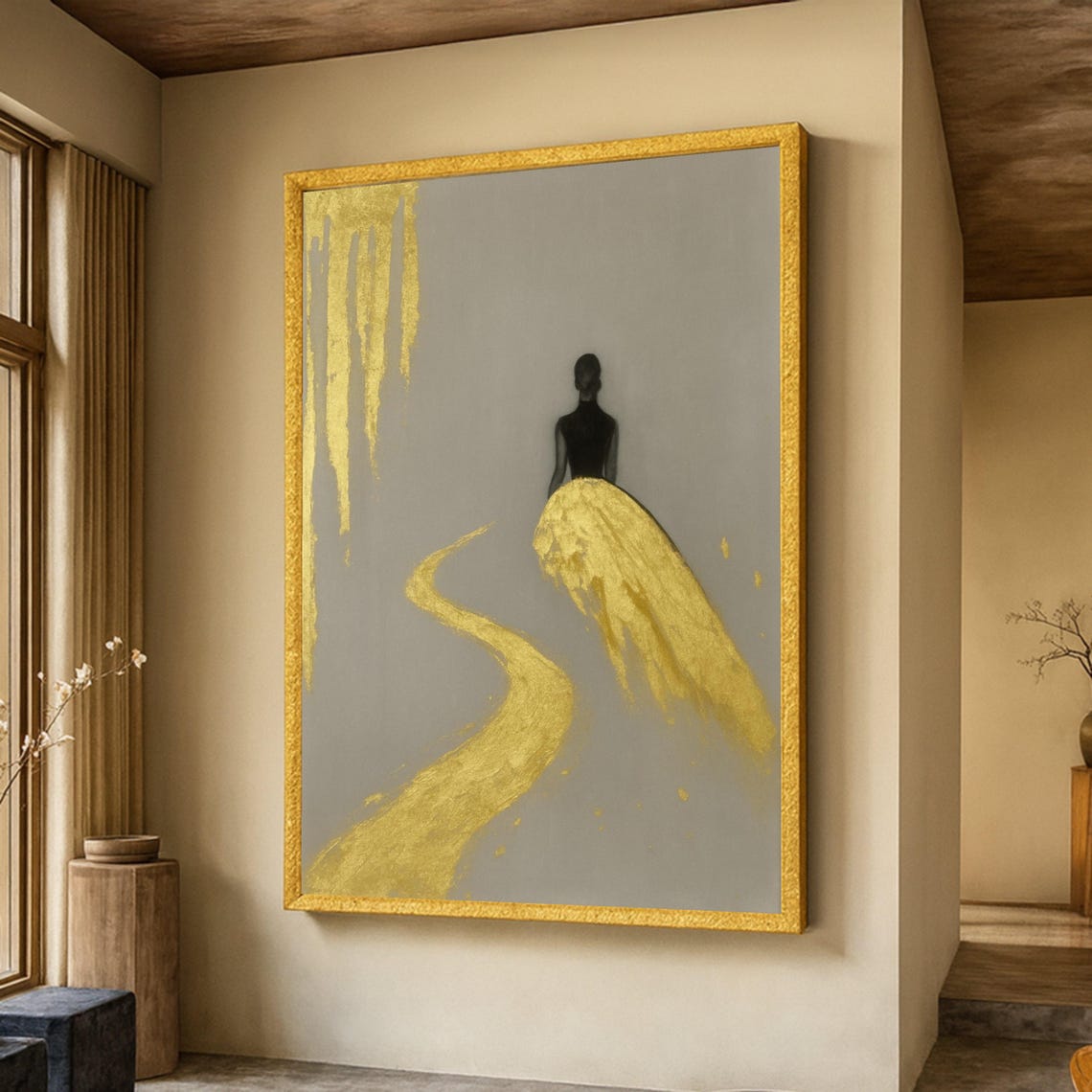Elegant Gold Woman Silhouette Minimalist Abstract Pathway Wall Art