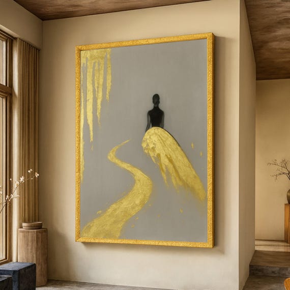 Elegant Woman Silhouette Canvas Abstract Gold Pathway Wall Art Modern Minimalist Fashion Luxury Home Decoration