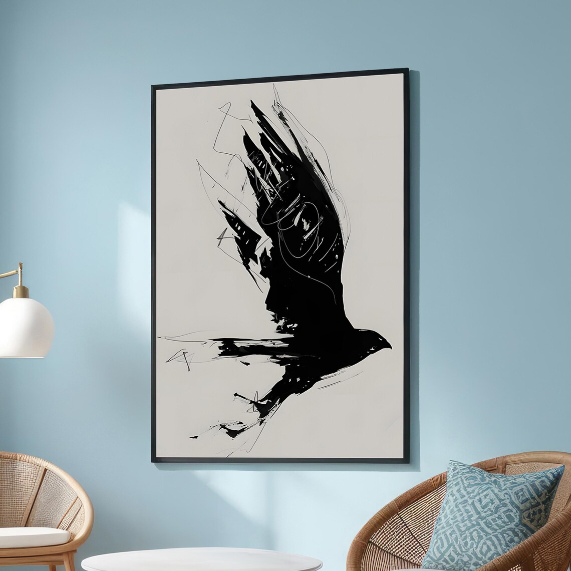 Abstract Black Bird In Flight, Minimalist Falcon Art