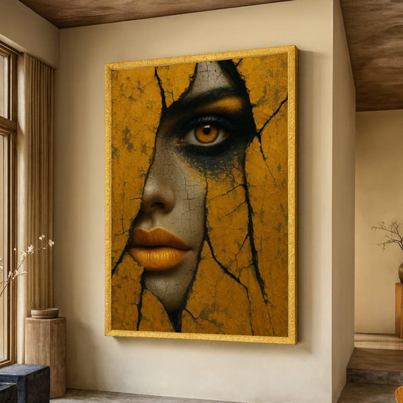 Surreal Cracked Face Canvas Abstract Woman Portrait Wall Art Yellow Paint Modern Artistic Decoration Mystical Eye Closeup