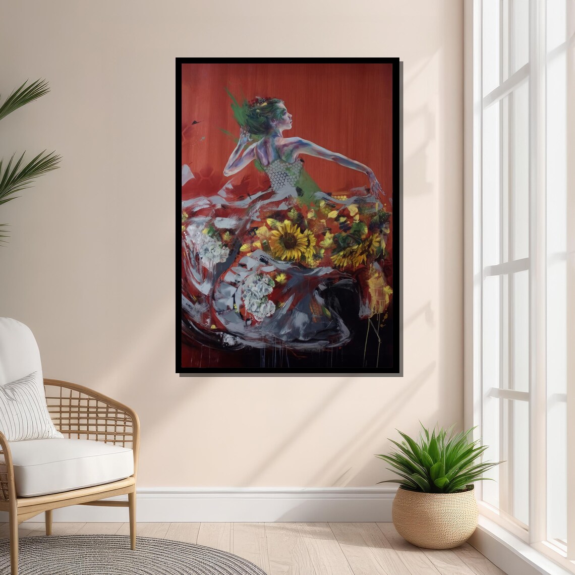 Surreal Woman With Sunflowers, Abstract Nature Decor - Image 3