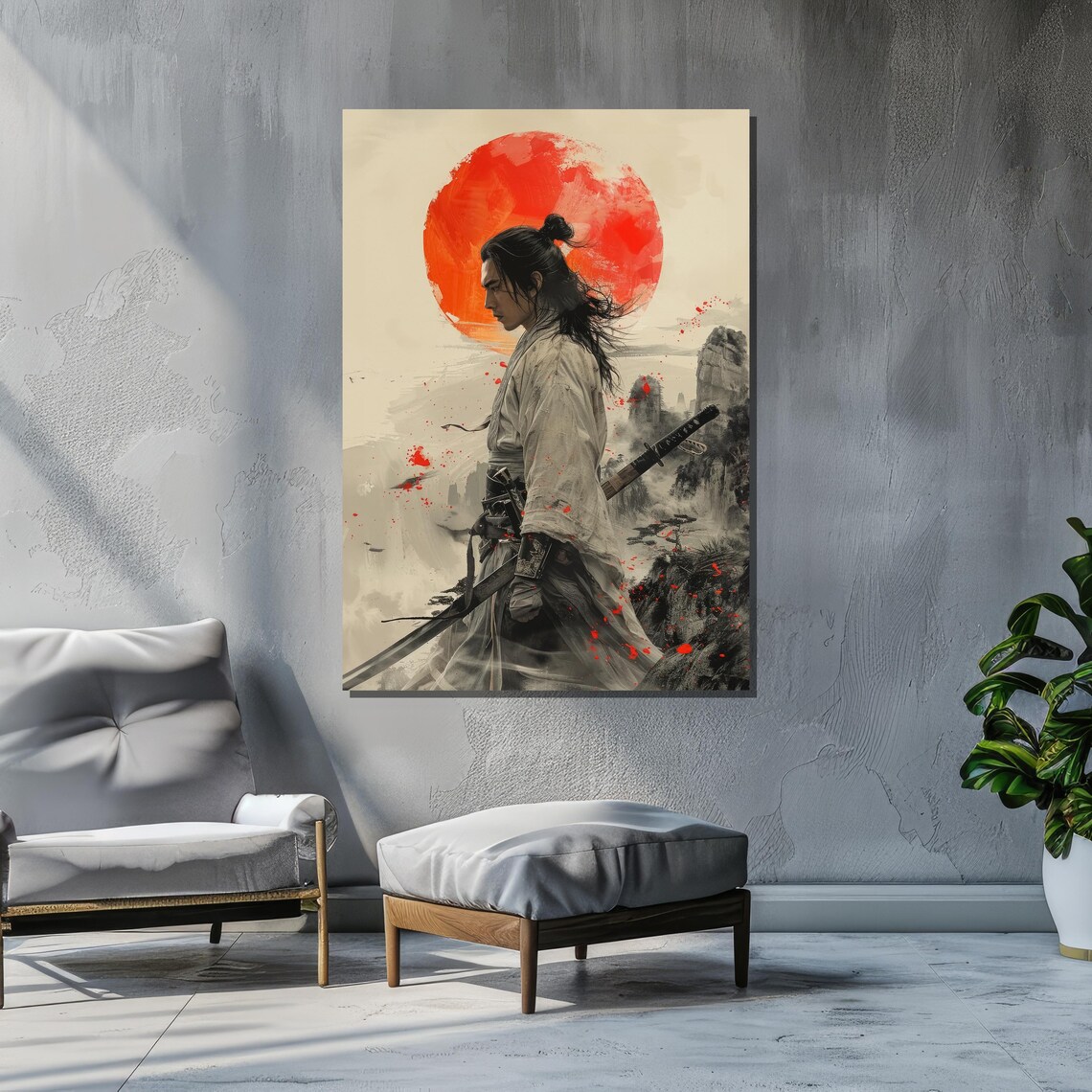 Samurai Warrior With Red Sun, Japanese Art Print - Image 2
