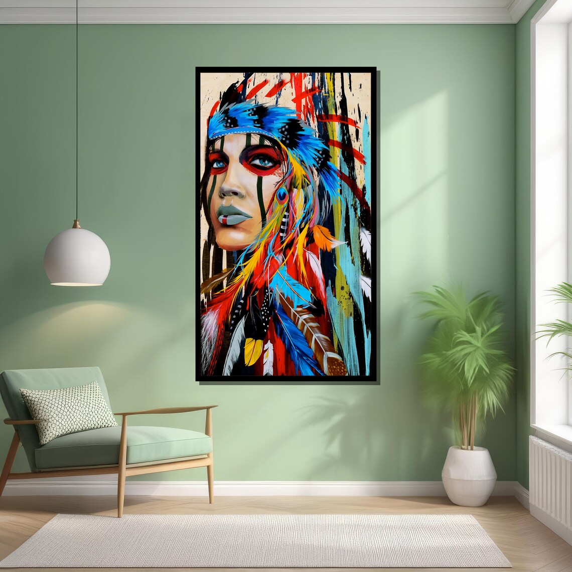 Bold Tribal Woman With Feather Headdress, Modern Art - Image 5