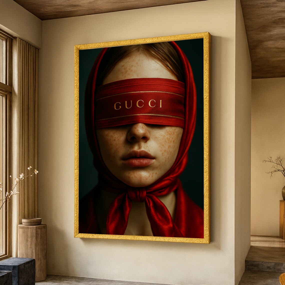 Elegant Woman With Red Silk Scarf And Blindfold