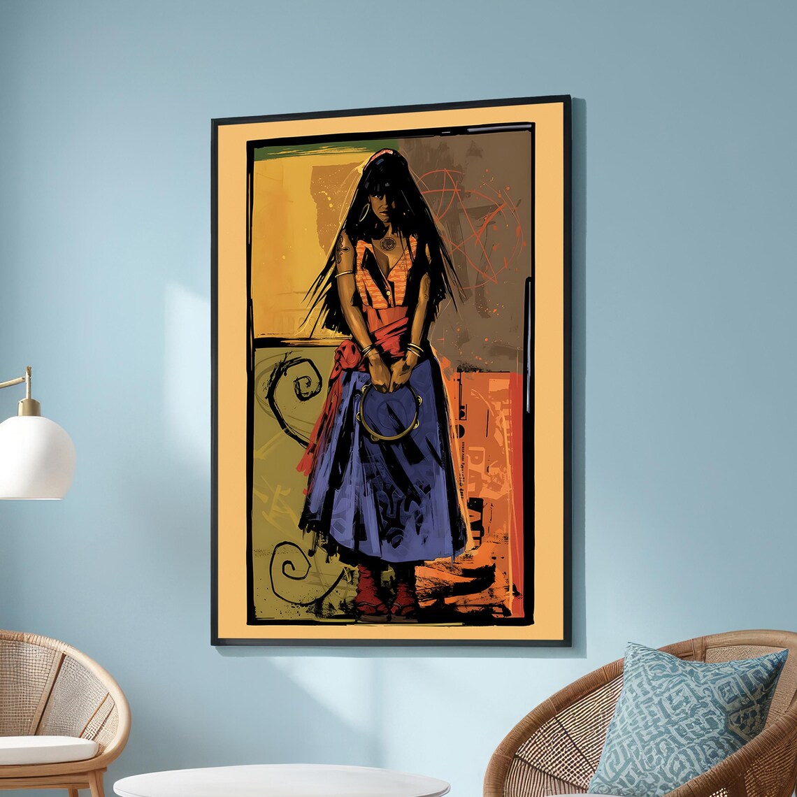 Bohemian Gypsy Woman Holding Tambourine, Art Print