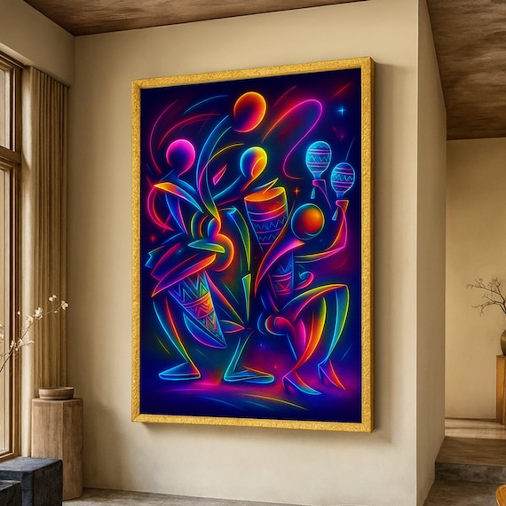 Neon African Dancers Drums Music Abstract Colorful Modern Art Poster