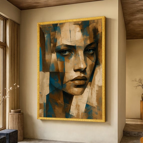 Abstract Female Portrait Canvas Geometric Face Wall Art Modern Brown Blue Painting Contemporary Decoration Artistic Home Accent