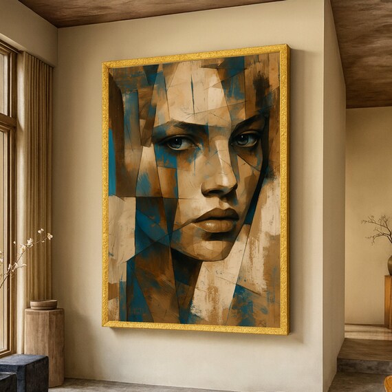 Geometric Female Portrait Cubist Blue and Gold Abstract Wall Art