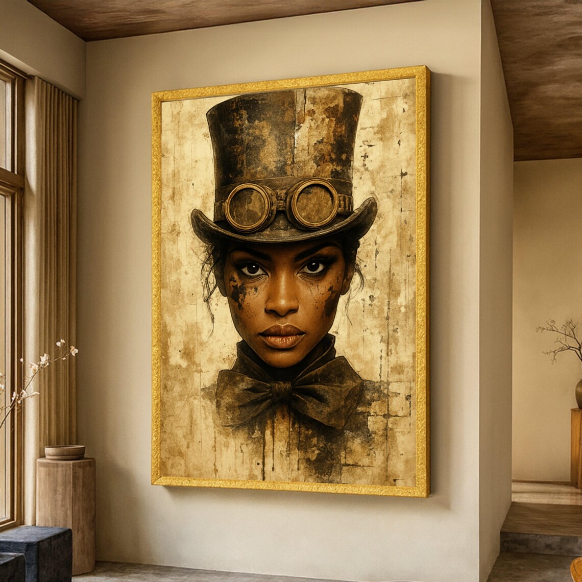 Steampunk Woman Portrait, Vintage Industrial Wall Art
