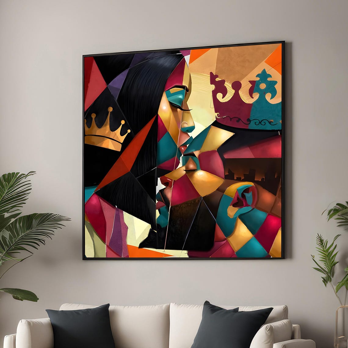 Abstract Cubist Couple With Crowns Canvas Print Vibrant Geometric Art Modern Royalty Wall Decor