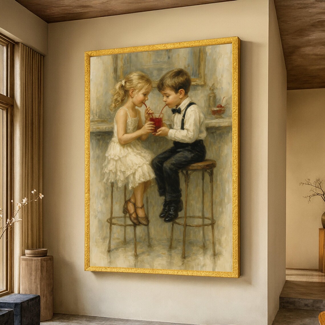Children Sharing Soda Vintage Oil Painting Sweet Nostalgia Art Poster