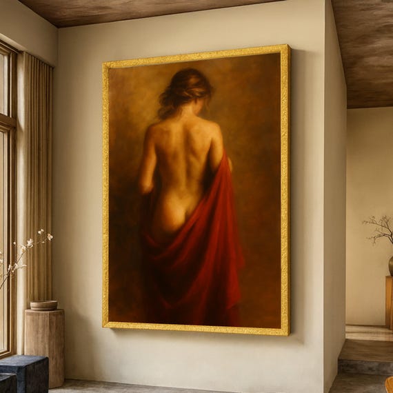 Soft Nude Back View Canvas Artistic Female Figure Wall Art Classic Oil Painting Style Warm Brown And Red Tones Elegant Home Decor