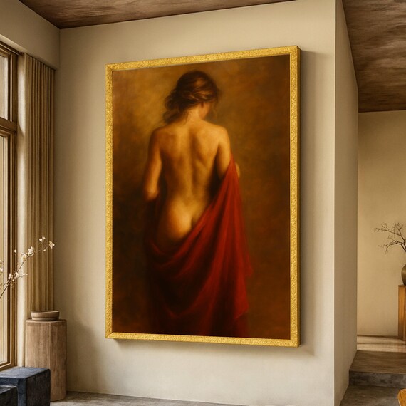 Soft Nude Woman Back View Red Drape Classic Oil Painting Poster