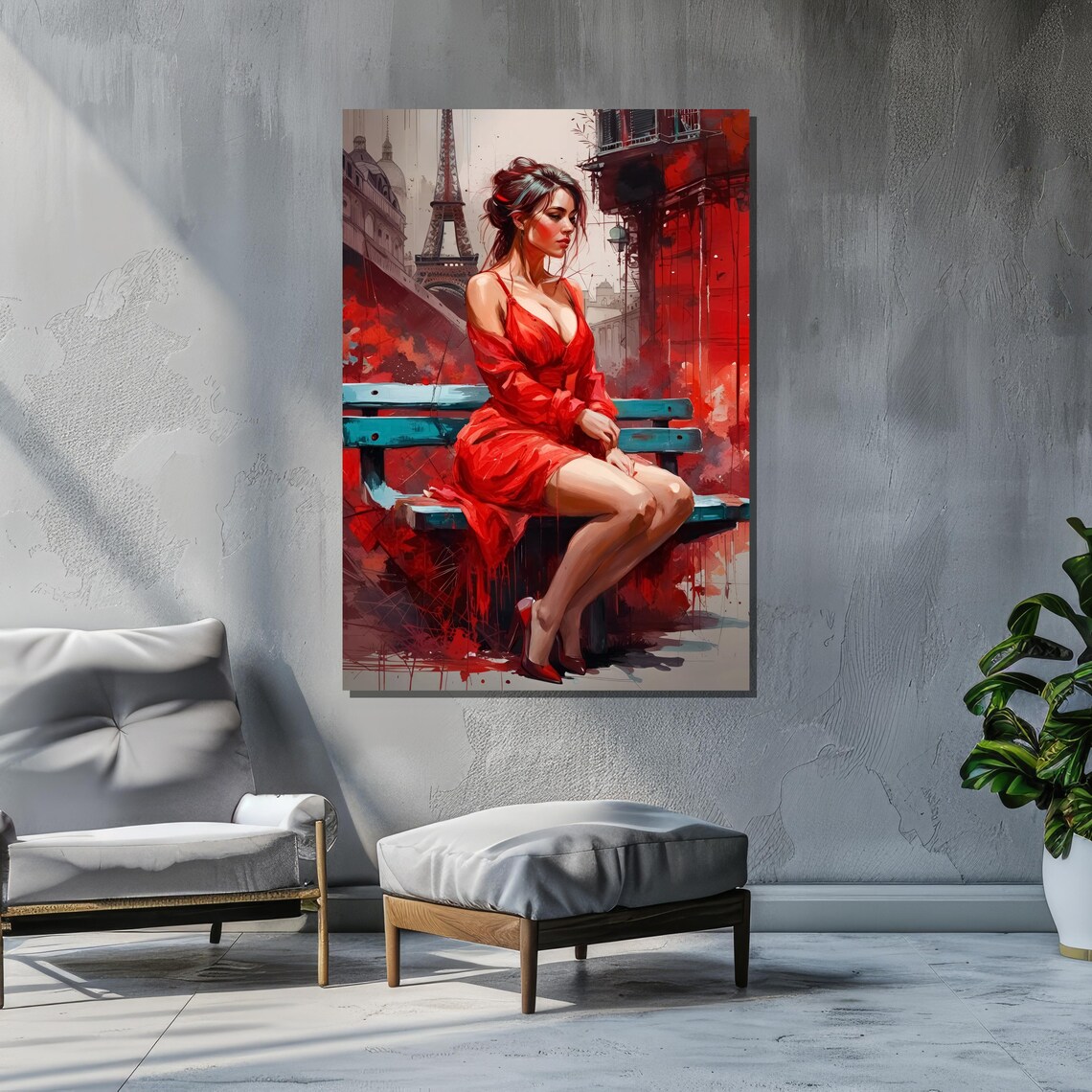 Romantic Woman In Red Dress, Parisian Art - Image 2