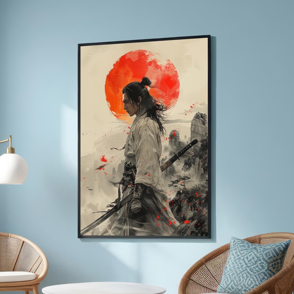 Samurai Warrior With Red Sun, Japanese Art Print
