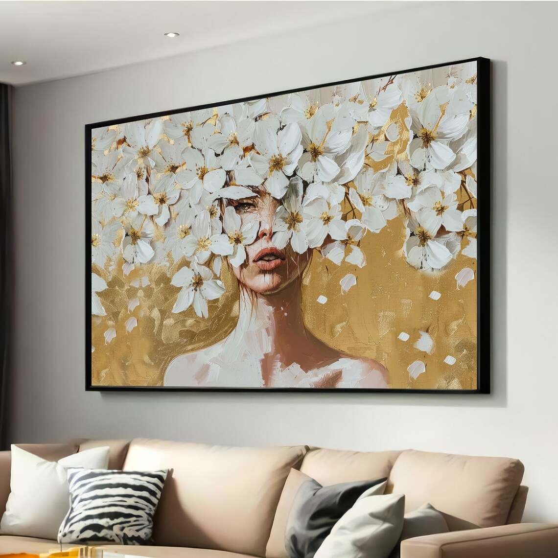 Ethereal Woman with White Floral Crown Gold Background Canvas Wall Art
