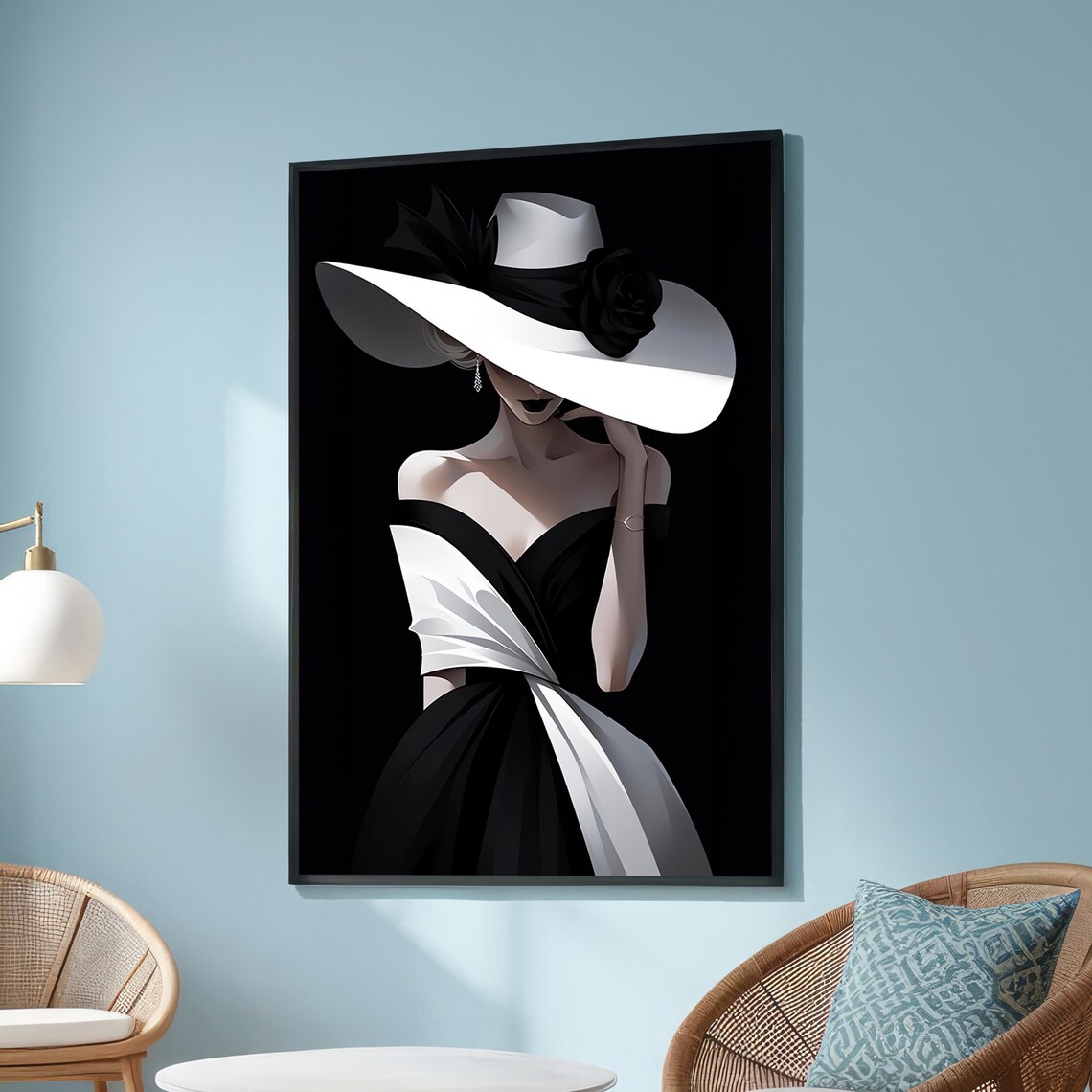 Elegant Black And White Woman In Wide Brim Hat Fashion Poster