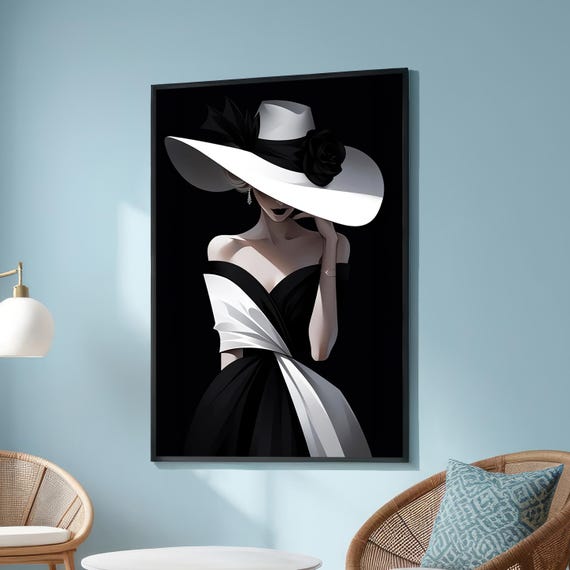 Elegant Black And White Woman In Hat Canvas Print Minimalist Fashion Wall Art Modern Stylish Female Portrait For Bedroom Or Living Room