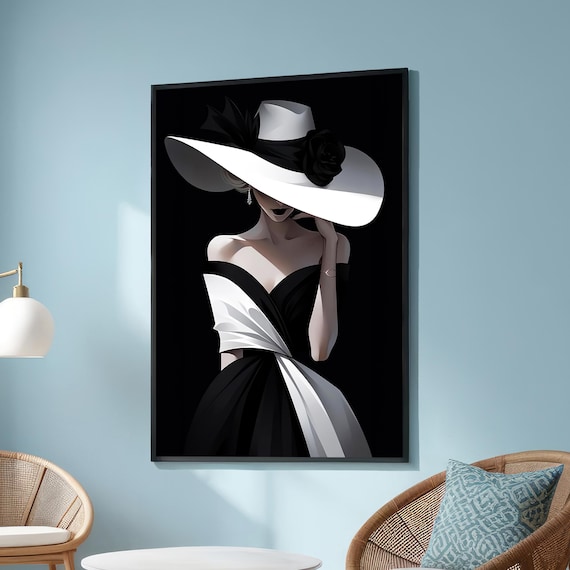 Elegant Black And White Woman In Wide Brim Hat Fashion Poster