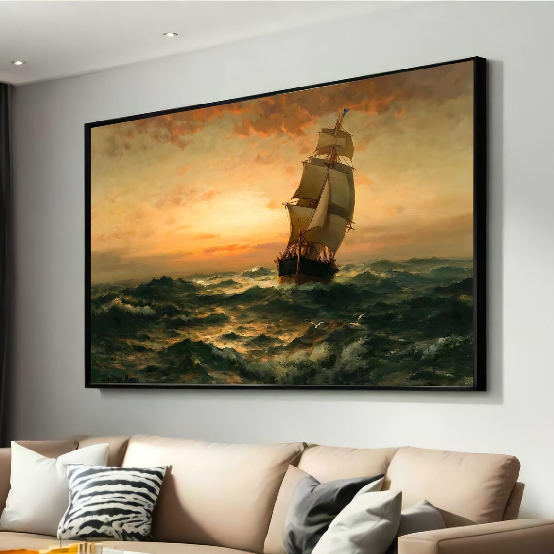 Tall Ship At Sea Sunset Romantic Maritime Oil Painting Poster