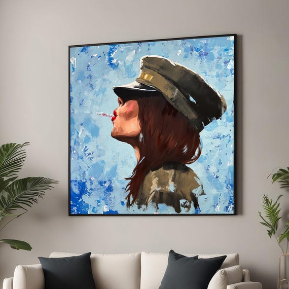Confident Female Portrait Canvas Print Military Style Art Bold Modern Decor Rebellious Woman With Cigarette Contemporary Artwork