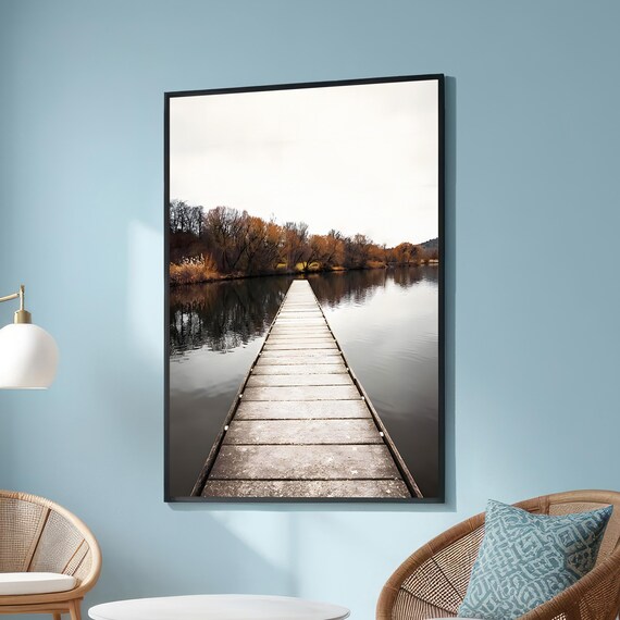 Serene Lakeside Pier Canvas Peaceful Nature Reflection Wall Art Tranquil Autumn Landscape Decor Calm Water And Trees Print