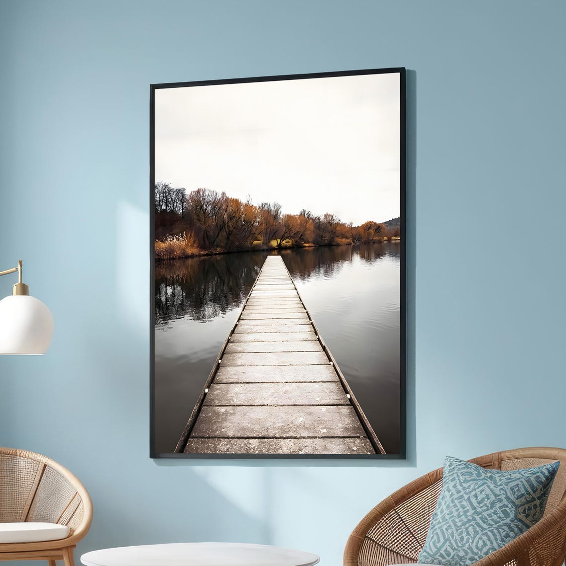 Serene Wooden Pier Over Calm Lake Autumn Reflection Wall Art