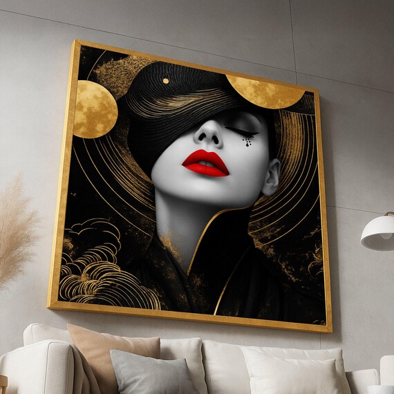 Black And Gold Woman Portrait Red Lips Glamorous Abstract Wall Poster