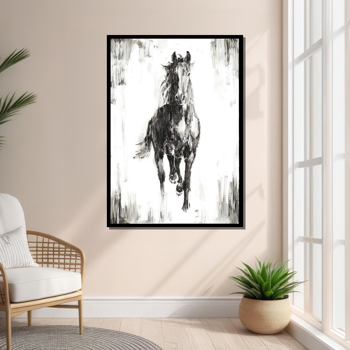Black And White Horse Abstract, Dynamic Monochrome Art - Image 2