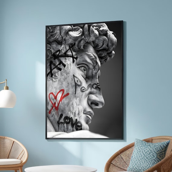 Michelangelo David Statue With Graffiti Love Peace Street Art Poster
