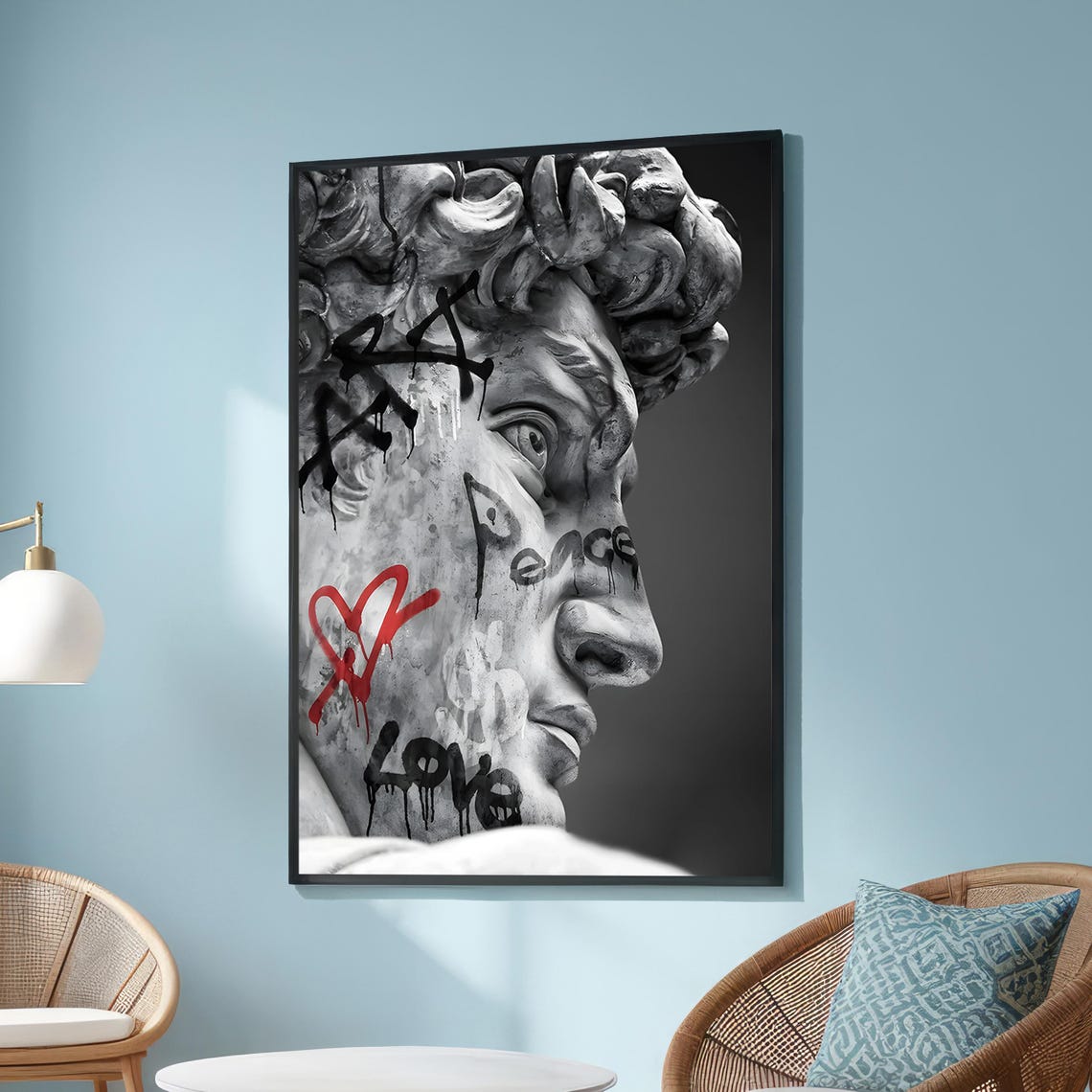 Michelangelo David Statue With Graffiti Love Peace Street Art Poster