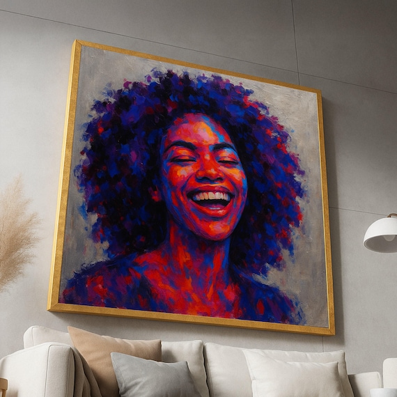Joyful Woman with Afro Red and Blue Expressive Portrait Art Poster