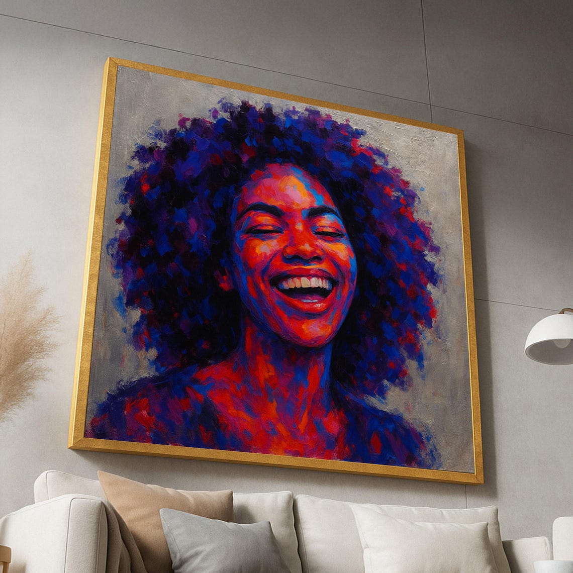 Joyful Woman with Afro Red and Blue Expressive Portrait Art Poster