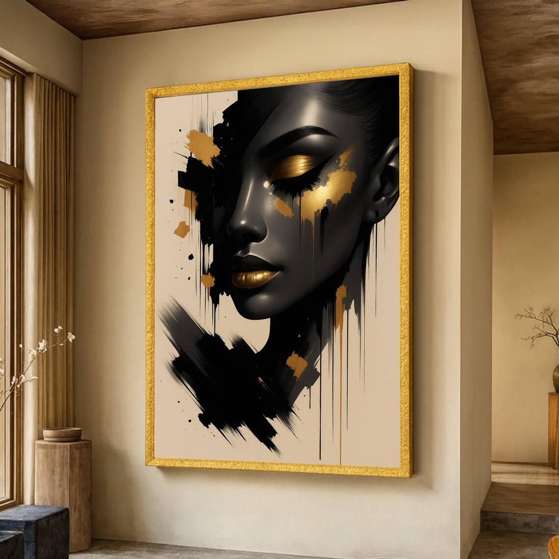 Black Gold Abstract Woman Face Modern Glam Ink Portrait Poster
