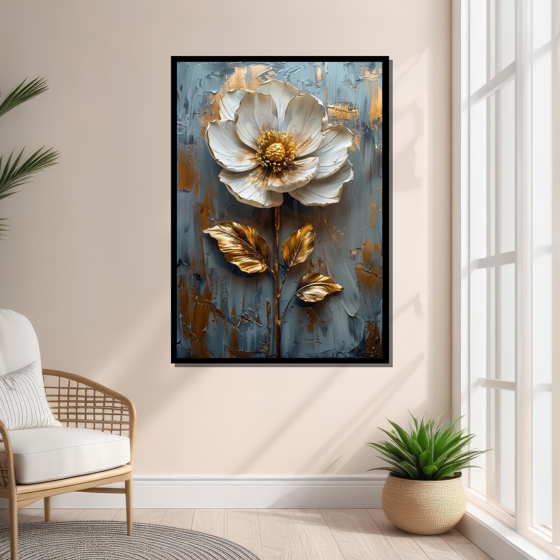 Metallic Gold Flower On Blue, Textured Floral Art Print - Image 5